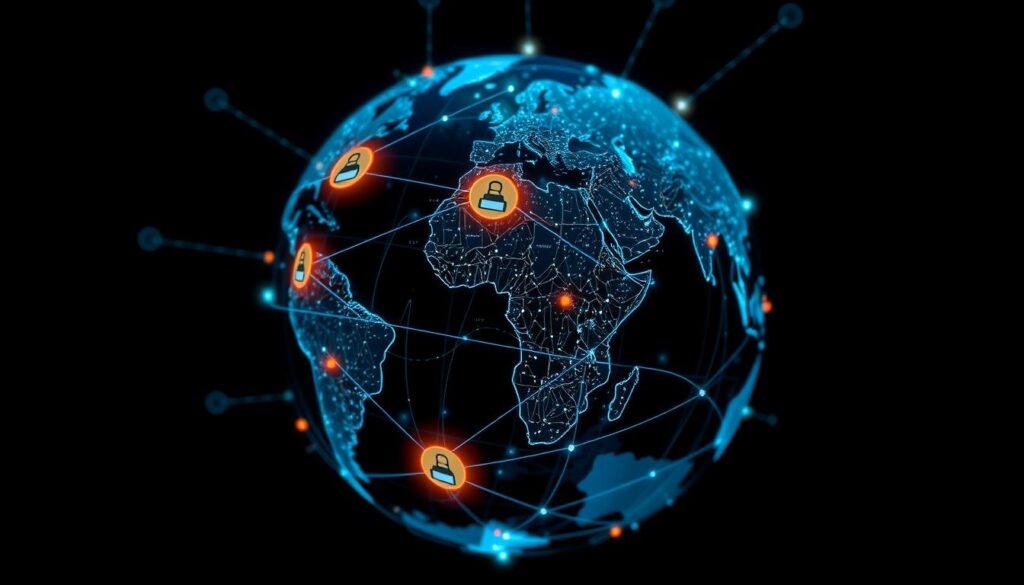 Digitaler Globus mit Netzwerkverbindungen als Symbol für Cybersicherheit im Völkerrecht Digitaler Globus mit Netzwerkverbindungen als Symbol für Cybersicherheit im Völkerrecht