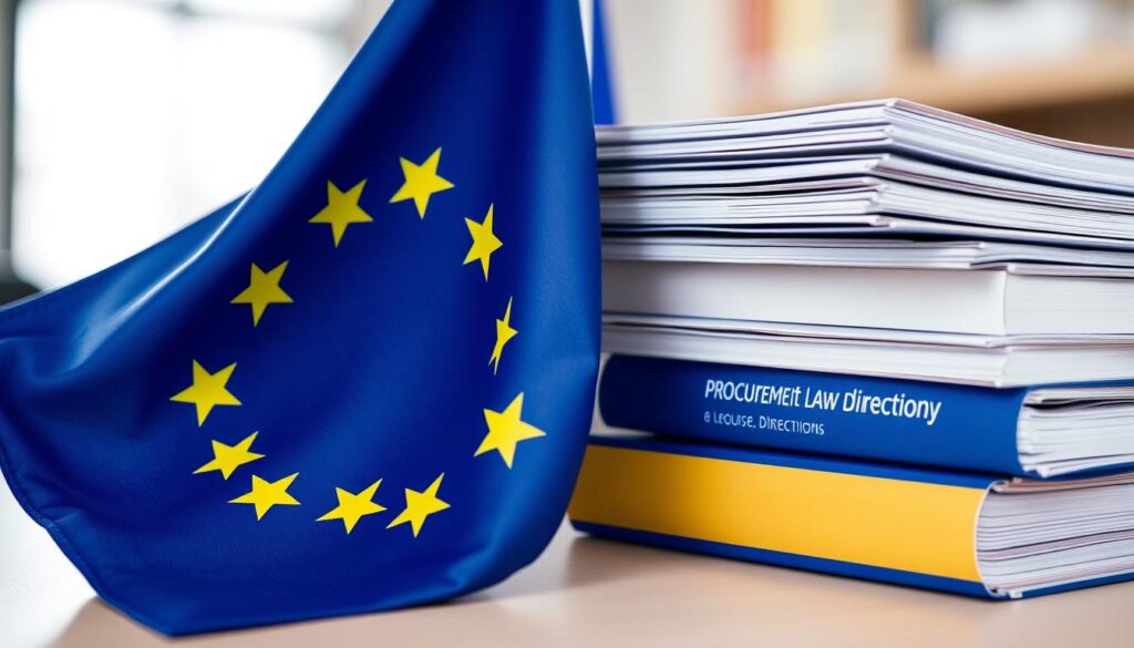 EU-Flagge neben Dokumenten als Symbol für die europäischen Vergaberichtlinien EU-Flagge neben Dokumenten als Symbol für die europäischen Vergaberichtlinien