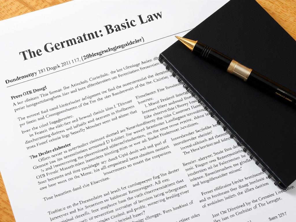 Ein Notizbuch und Stift liegen auf dem deutschen Grundgesetz, symbolisieren ethische Richtlinien im Presserecht Ein Notizbuch und Stift liegen auf dem deutschen Grundgesetz, symbolisieren ethische Richtlinien im Presserecht