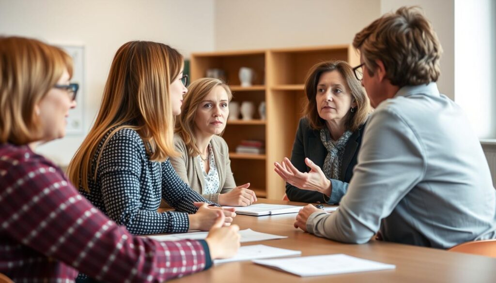 Elterngespräch zwischen Lehrerin und Eltern in einer Schule Elterngespräch zwischen Lehrerin und Eltern in einer Schule