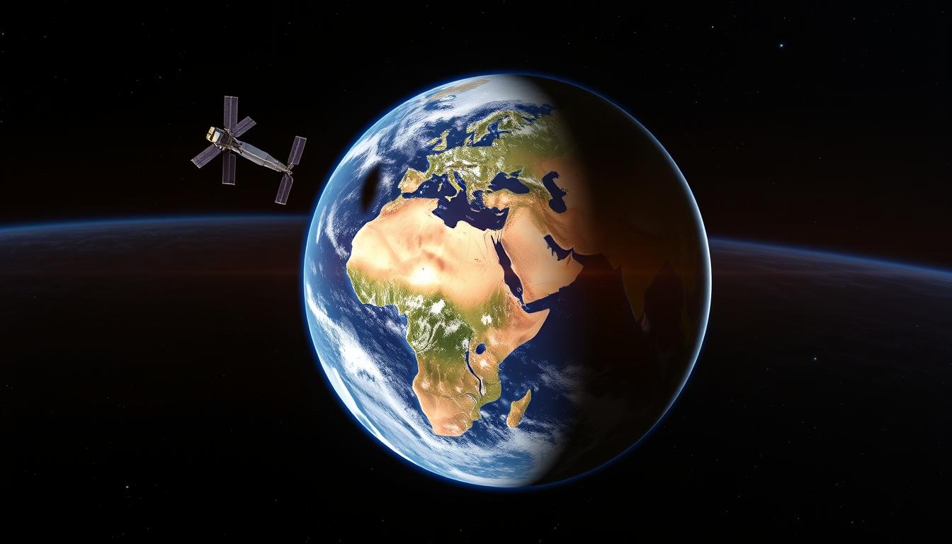 Erde aus dem Weltraum mit Satelliten im Orbit