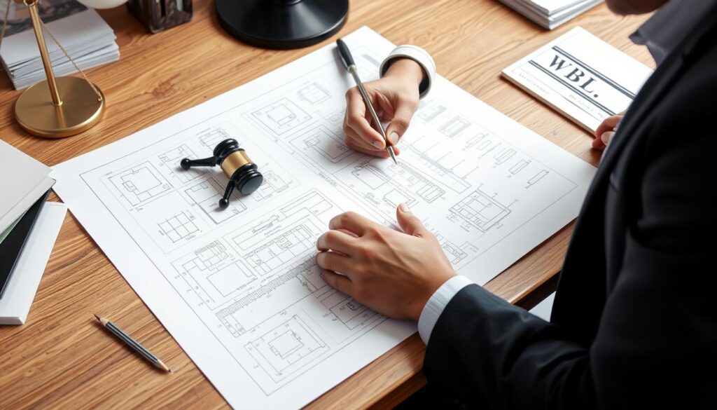 Erfinder arbeitet an technischer Zeichnung mit Patentdokumenten Erfinder arbeitet an technischer Zeichnung mit Patentdokumenten