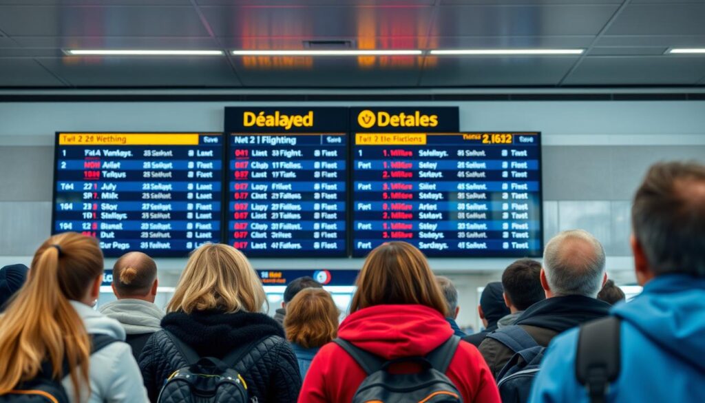Fluggäste am Flughafen-Gate mit Anzeigetafel, die Flugverspätungen anzeigt Fluggäste am Flughafen-Gate mit Anzeigetafel, die Flugverspätungen anzeigt