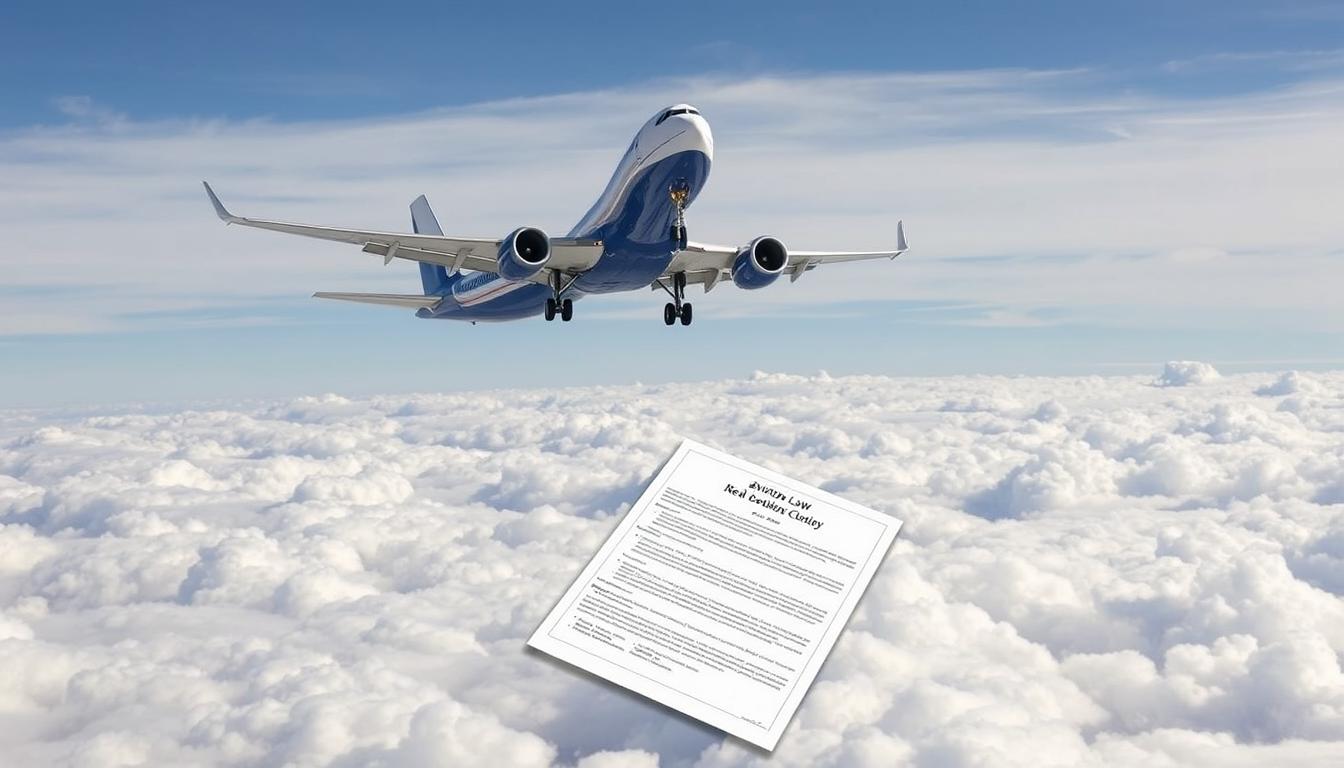 Flugzeug über Wolken mit juristischen Dokumenten im Vordergrund als Symbol für das Luftrecht