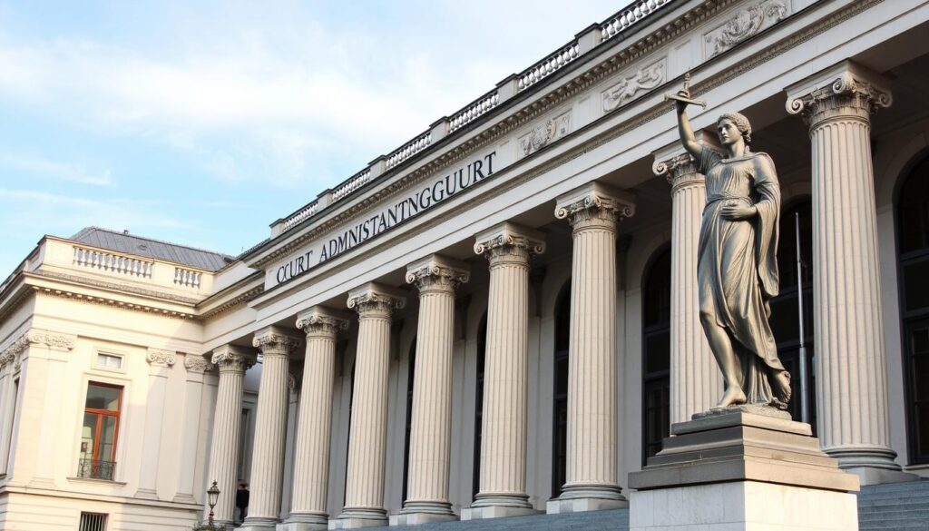 Gebäude eines deutschen Verwaltungsgerichts mit Justitia-Statue Gebäude eines deutschen Verwaltungsgerichts mit Justitia-Statue
