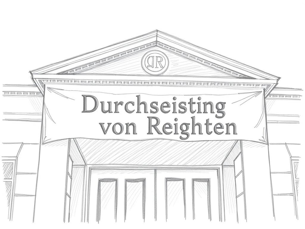 Gerichtsgebäude mit Banner 'Durchsetzung von Rechten' Gerichtsgebäude mit Banner 'Durchsetzung von Rechten'