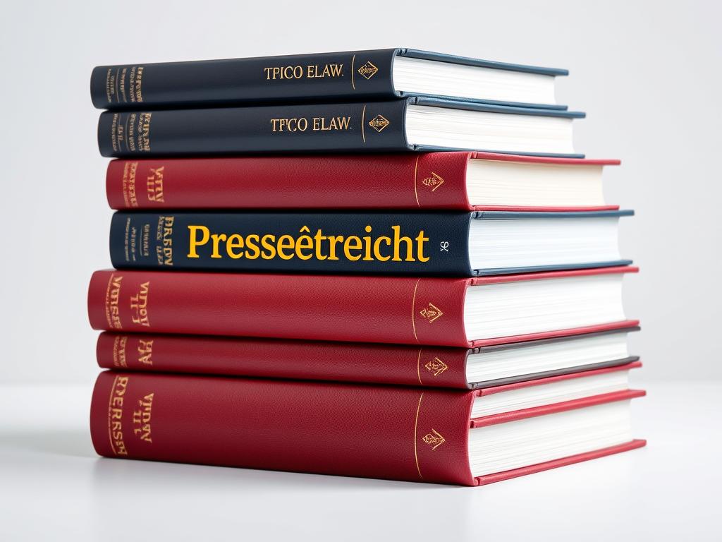 Gestapelte Gesetzbücher mit hervorgehobenem Presserecht auf dem Buchrücken Gestapelte Gesetzbücher mit hervorgehobenem Presserecht auf dem Buchrücken