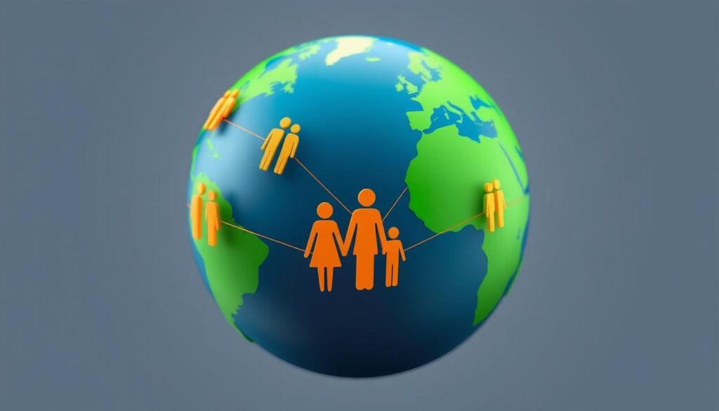 Globus mit Familiensymbolen zum internationalen Kindschaftsrecht Globus mit Familiensymbolen zum internationalen Kindschaftsrecht