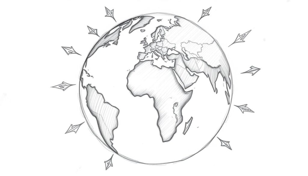 Globus mit Pfeilen, die Migrationsbewegungen und internationale Zusammenarbeit symbolisieren Globus mit Pfeilen, die Migrationsbewegungen und internationale Zusammenarbeit symbolisieren