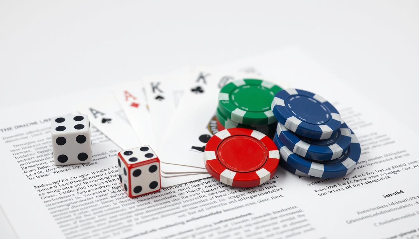 Glücksspielrecht Symbole mit Würfeln, Spielkarten und Paragraphen