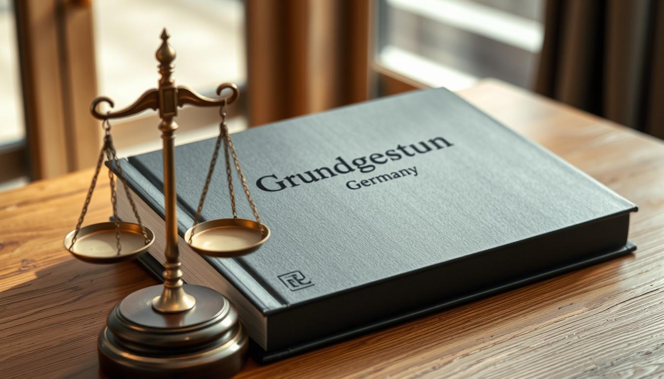 Grundgesetz der Bundesrepublik Deutschland mit Waage der Gerechtigkeit als Symbol für das Verfassungsrecht