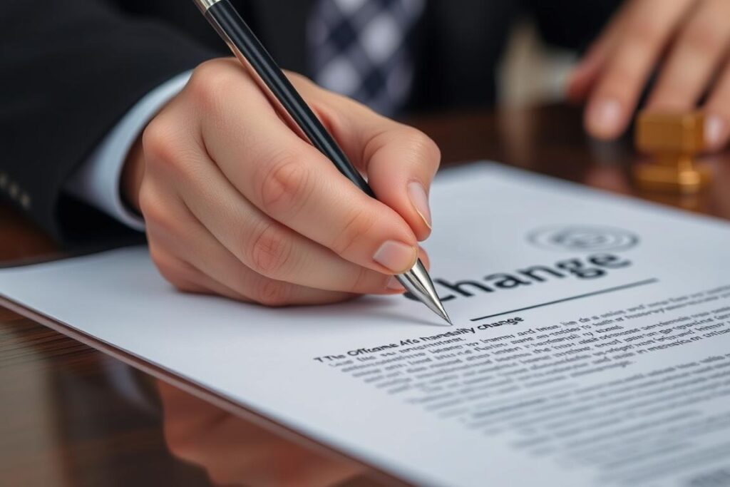 Hand mit Stift unterzeichnet ein offizielles Dokument zur Namensänderung Hand mit Stift unterzeichnet ein offizielles Dokument zur Namensänderung