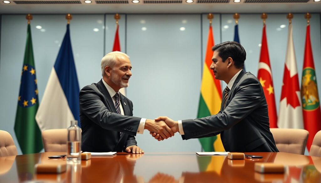 Handschlag zwischen Diplomaten verschiedener Nationen als Symbol für internationale Zusammenarbeit im Völkerrecht Handschlag zwischen Diplomaten verschiedener Nationen als Symbol für internationale Zusammenarbeit im Völkerrecht