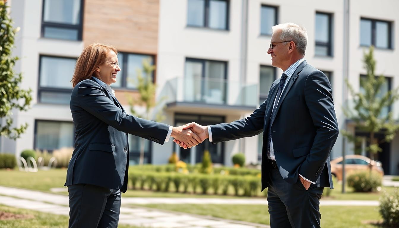 Handschlag zwischen Makler und Kunde vor einem Immobilienobjekt, symbolisiert den Abschluss eines Maklervertrags