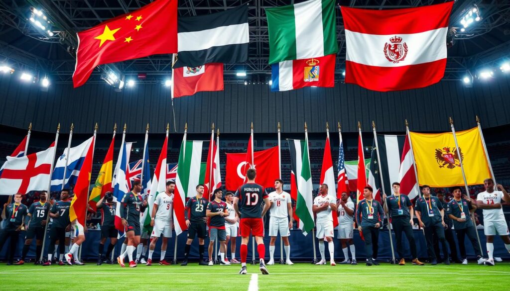 Internationale Sportveranstaltung mit Flaggen verschiedener Nationen Internationale Sportveranstaltung mit Flaggen verschiedener Nationen