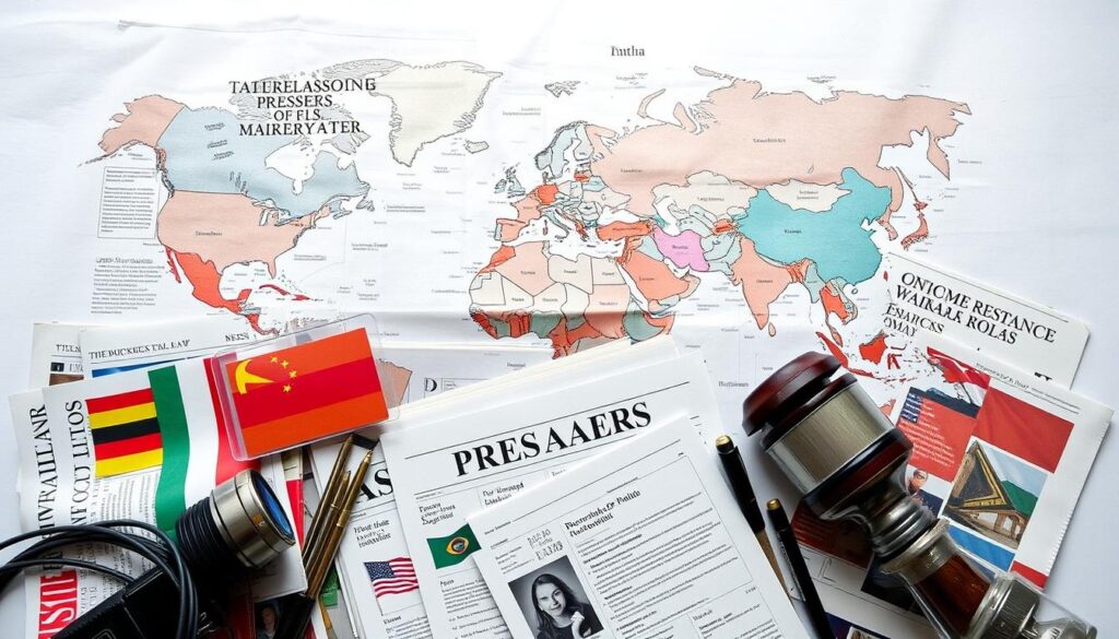 Internationale Zeitungen und Presseausweise, symbolisieren unterschiedliche Presserechtsysteme weltweit Internationale Zeitungen und Presseausweise, symbolisieren unterschiedliche Presserechtsysteme weltweit