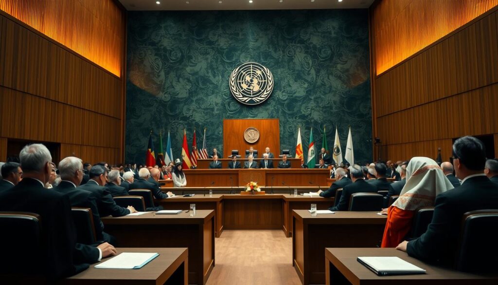 Internationaler Gerichtshof während einer Verhandlung als Beispiel für die Anwendung des Völkerrechts Internationaler Gerichtshof während einer Verhandlung als Beispiel für die Anwendung des Völkerrechts