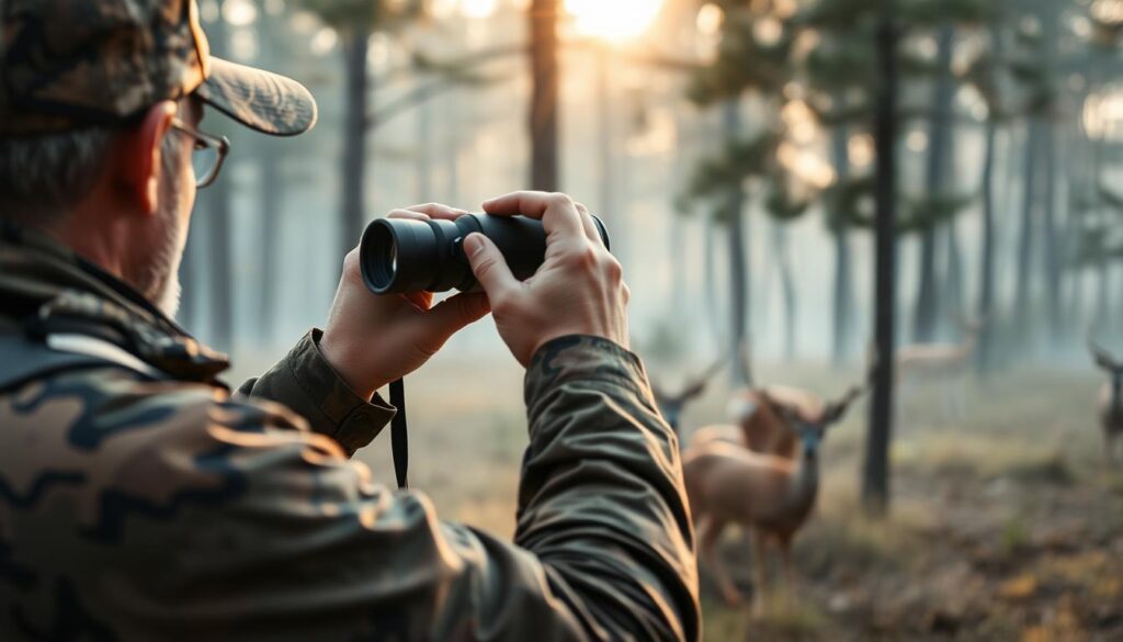 Jäger in Tarnkleidung beobachtet Rehwild im Wald als Symbol für die Jagdausübung Jäger in Tarnkleidung beobachtet Rehwild im Wald als Symbol für die Jagdausübung