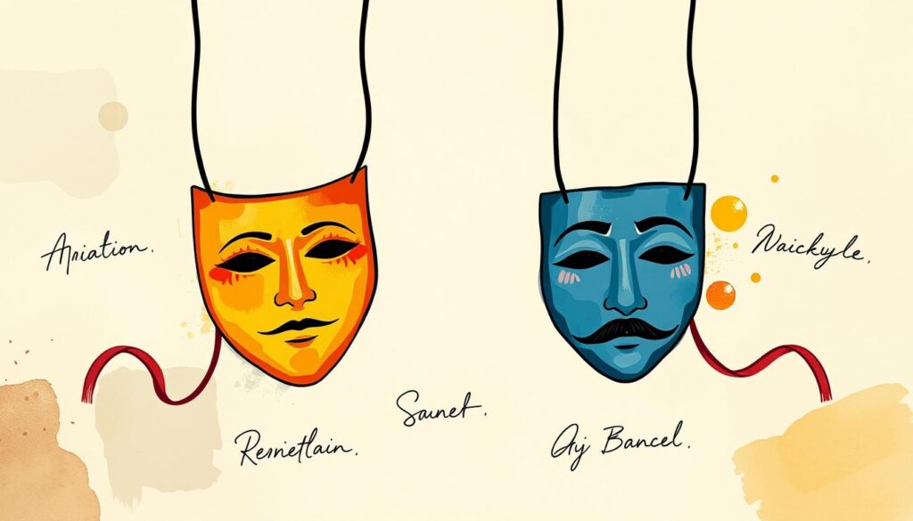 Künstlerische Darstellung von Theatermasken und Künstlersignaturen als Symbol für Künstlernamen Künstlerische Darstellung von Theatermasken und Künstlersignaturen als Symbol für Künstlernamen