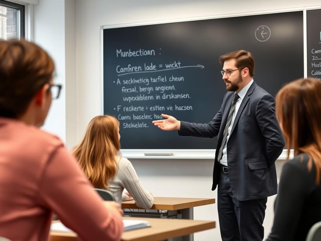 Lehrerin erklärt Unterrichtsstoff an einer Tafel vor Schülern Lehrerin erklärt Unterrichtsstoff an einer Tafel vor Schülern