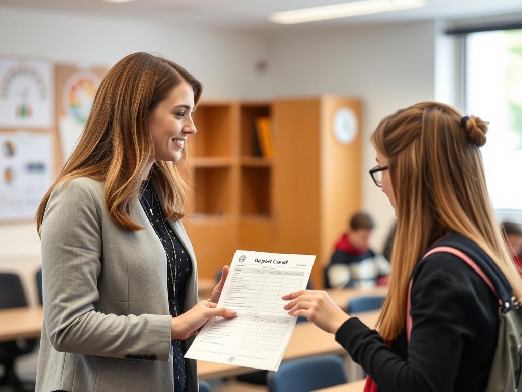 Lehrerin gibt einem Schüler ein Zeugnis mit Noten Lehrerin gibt einem Schüler ein Zeugnis mit Noten