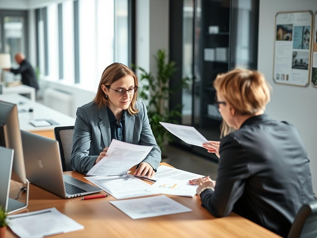 Makler erklärt einem Kunden verschiedene Dokumente, die verschiedene Arten von Maklerverträgen darstellen Makler erklärt einem Kunden verschiedene Dokumente, die verschiedene Arten von Maklerverträgen darstellen