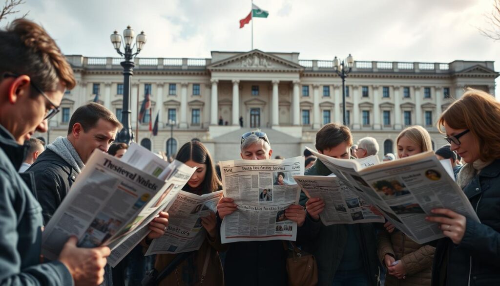 Menschen lesen Zeitungen vor einem Parlamentsgebäude, symbolisieren die Rolle der Presse in der Demokratie Menschen lesen Zeitungen vor einem Parlamentsgebäude, symbolisieren die Rolle der Presse in der Demokratie
