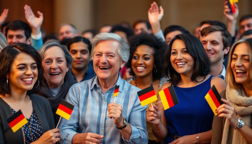 Menschen verschiedener Herkunft feiern die Einbürgerung mit deutschen Flaggen Menschen verschiedener Herkunft feiern die Einbürgerung mit deutschen Flaggen