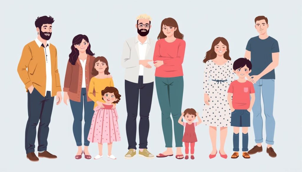 Moderne Familie mit verschiedenen Familienkonstellationen zum Thema Kindschaftsrecht Moderne Familie mit verschiedenen Familienkonstellationen zum Thema Kindschaftsrecht