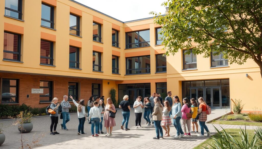 Moderne Schule mit Schülern und Lehrern im Schulhof Moderne Schule mit Schülern und Lehrern im Schulhof
