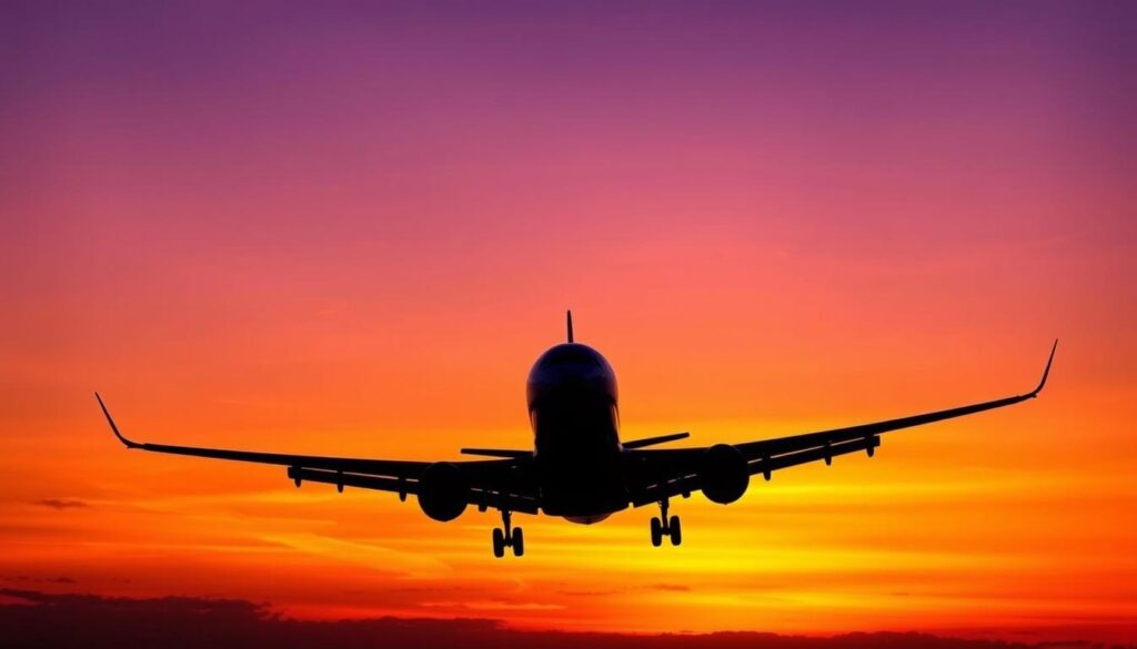 Modernes Verkehrsflugzeug im Sonnenuntergang als Symbol für die Zukunft des Luftverkehrs und des Luftrechts Modernes Verkehrsflugzeug im Sonnenuntergang als Symbol für die Zukunft des Luftverkehrs und des Luftrechts
