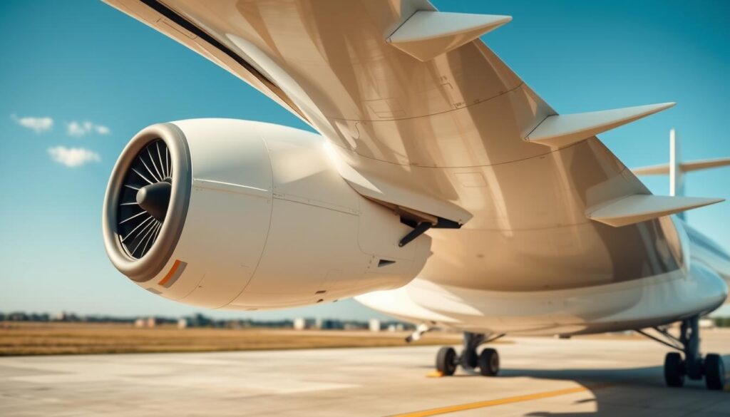 Modernes umweltfreundliches Flugzeug mit reduziertem Lärm- und Emissionsausstoß Modernes umweltfreundliches Flugzeug mit reduziertem Lärm- und Emissionsausstoß