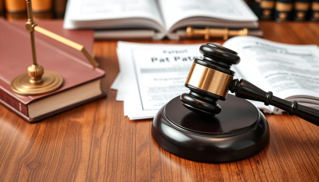 Patentrechtsstreit mit Richterhammer und Patentdokumenten Patentrechtsstreit mit Richterhammer und Patentdokumenten