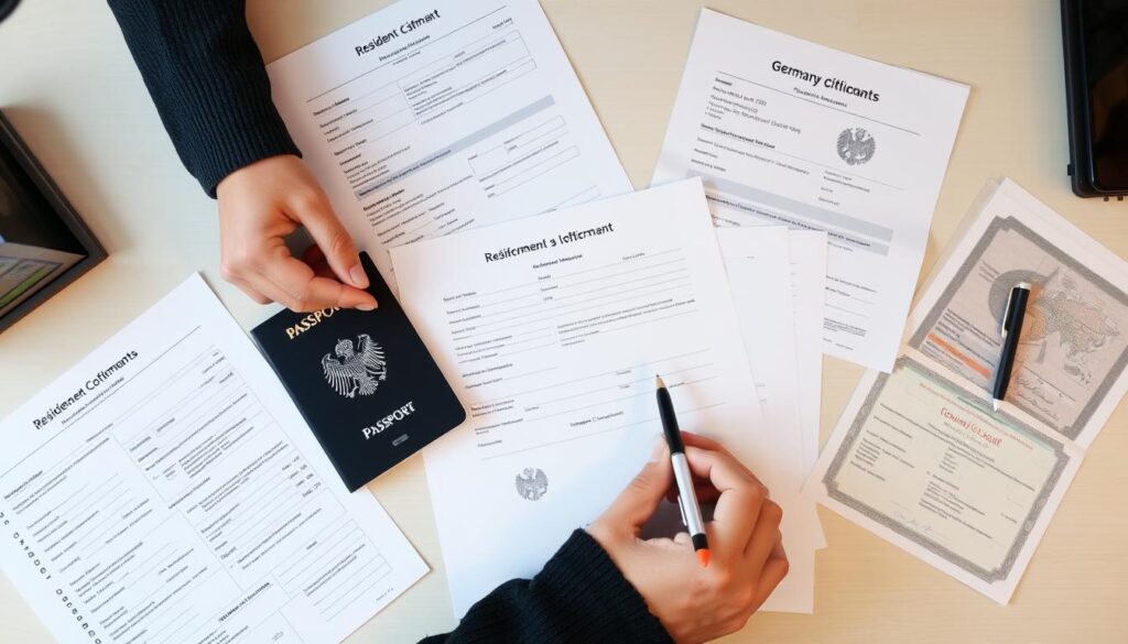 Person füllt Einbürgerungsantrag aus, umgeben von notwendigen Dokumenten Person füllt Einbürgerungsantrag aus, umgeben von notwendigen Dokumenten