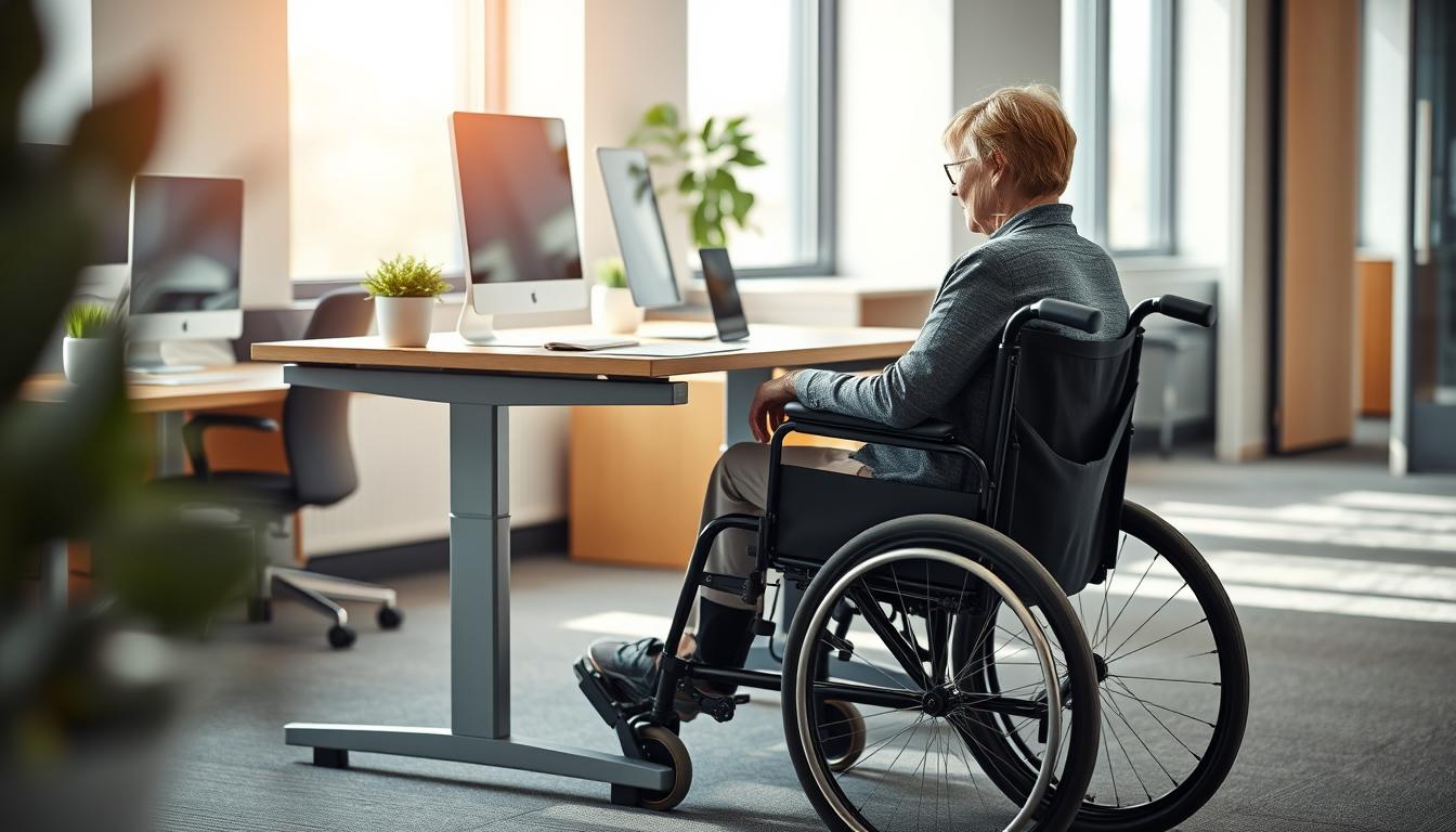 Person im Rollstuhl bei der Arbeit am Schreibtisch, symbolisiert das Schwerbehindertenrecht und Teilhabe am Arbeitsleben