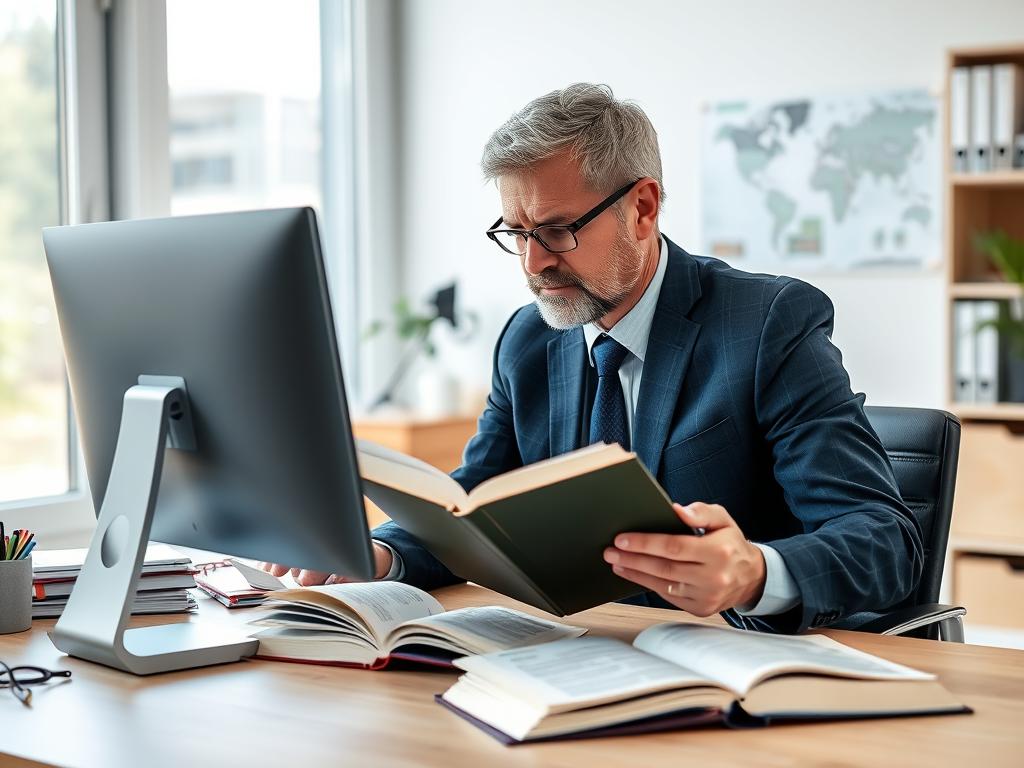 Person sucht in Büchern und am Computer nach Informationen zum Maklerrecht, symbolisiert häufige Fragen Person sucht in Büchern und am Computer nach Informationen zum Maklerrecht, symbolisiert häufige Fragen