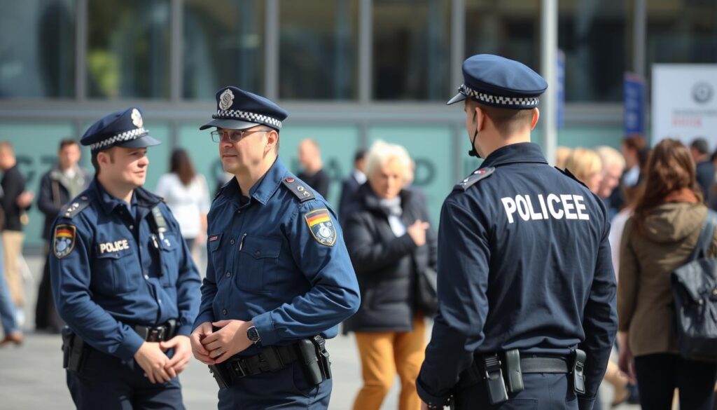 Polizeibeamte bei der Ausübung ihrer Aufgaben zur Gefahrenabwehr im öffentlichen Raum Polizeibeamte bei der Ausübung ihrer Aufgaben zur Gefahrenabwehr im öffentlichen Raum