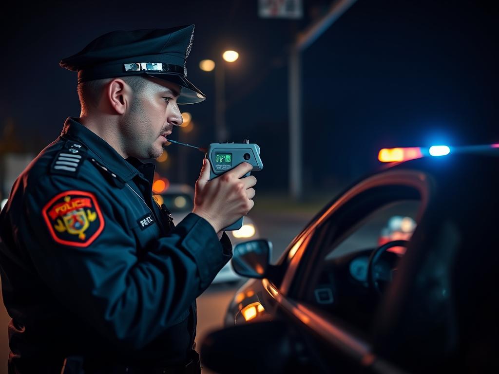 Polizist führt eine Alkoholkontrolle mit einem Atemalkoholtestgerät durch Polizist führt eine Alkoholkontrolle mit einem Atemalkoholtestgerät durch