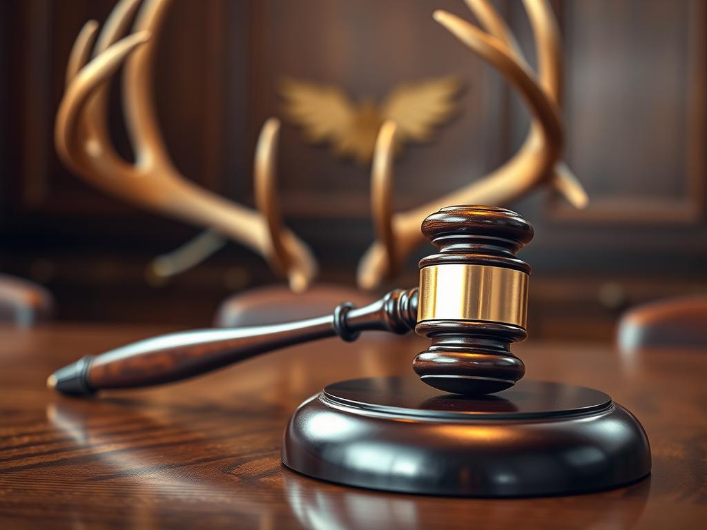 Richterhammer mit Geweih im Hintergrund als Symbol für rechtliche Konsequenzen bei Jagdvergehen Richterhammer mit Geweih im Hintergrund als Symbol für rechtliche Konsequenzen bei Jagdvergehen