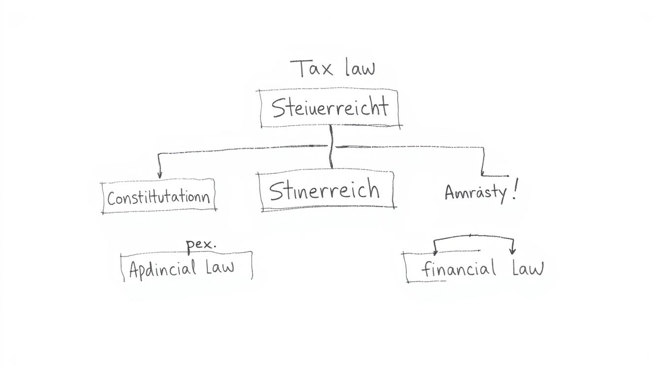 Schematische Darstellung der Einordnung des Steuerrechts im Rechtssystem mit Verbindungen zum öffentlichen Recht