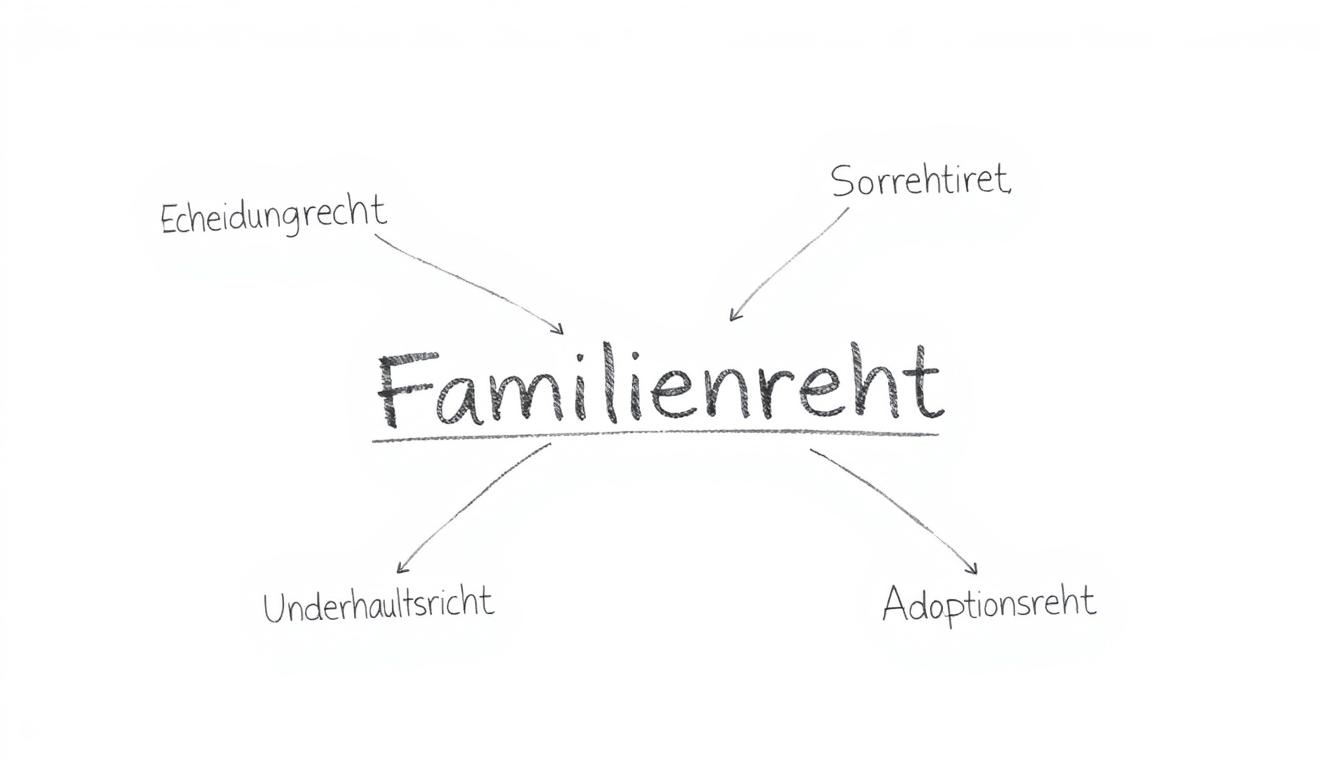 Schematische Darstellung der Hauptbereiche des Familienrechts mit Verbindungslinien zwischen Ehe, Scheidung, Sorgerecht, Unterhalt und Adoption