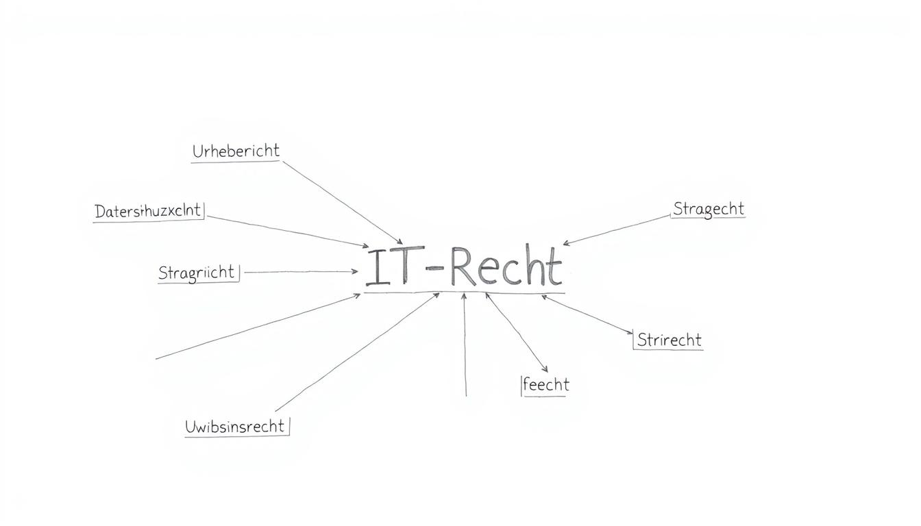 Schematische Darstellung des IT-Rechts als Querschnittsmaterie mit Verbindungen zu verschiedenen Rechtsgebieten