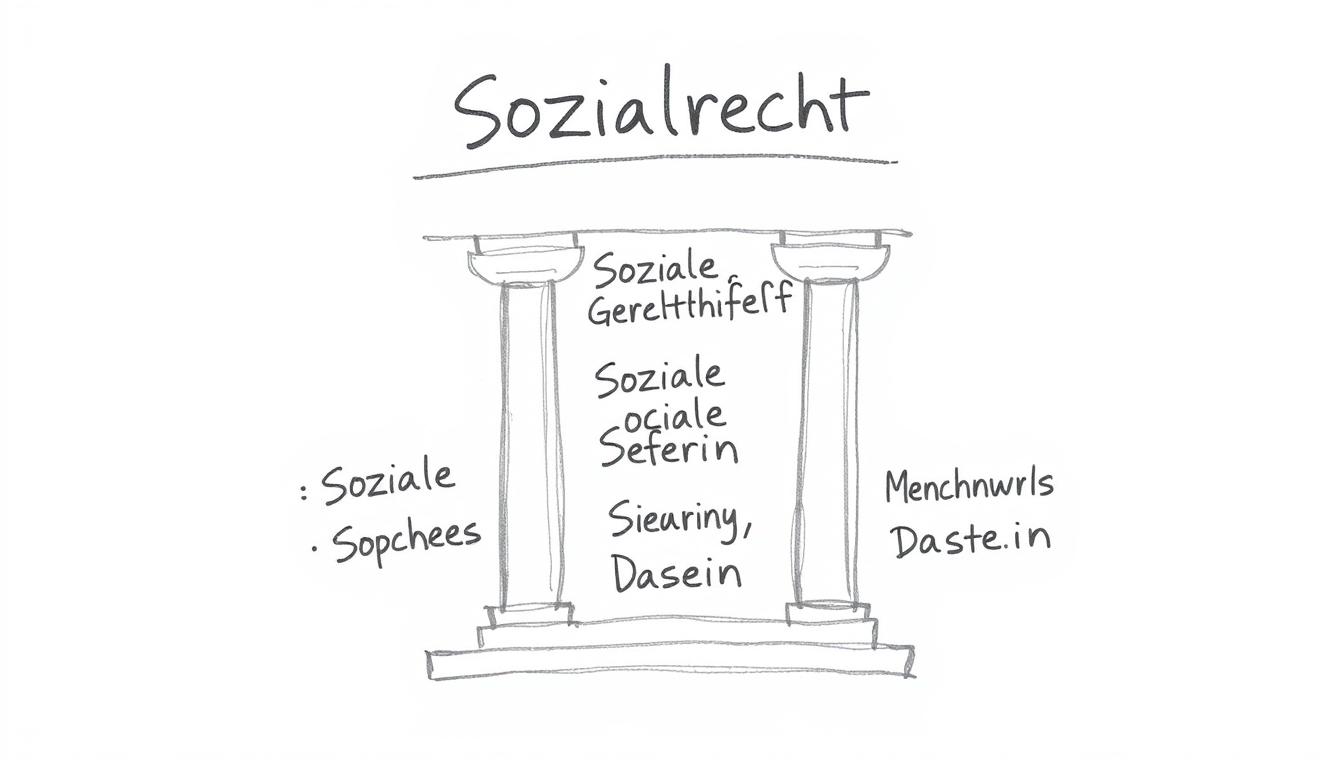 Schematische Darstellung des Sozialrechts mit seinen Hauptzielen: Soziale Gerechtigkeit, Soziale Sicherheit und Menschenwürdiges Dasein
