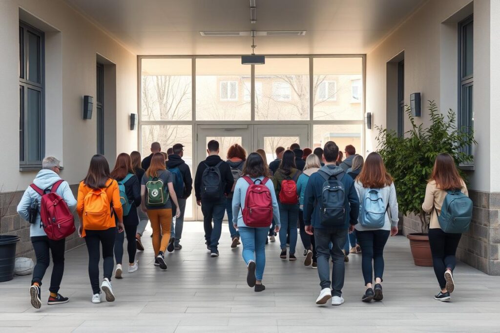 Schüler betreten ein Schulgebäude zu Beginn des Schultages Schüler betreten ein Schulgebäude zu Beginn des Schultages