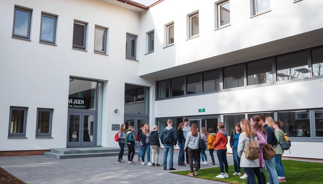 Schulgebäude mit Schülern vor dem Eingang, symbolisiert das deutsche Schulrecht