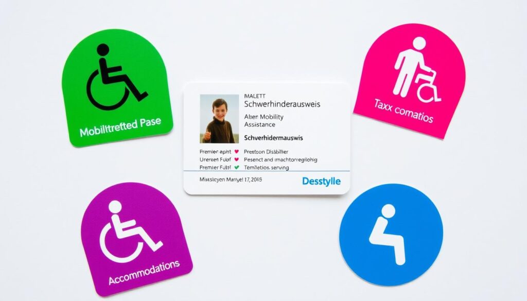 Schwerbehindertenausweis und Merkzeichen, die verschiedene Nachteilsausgleiche symbolisieren Schwerbehindertenausweis und Merkzeichen, die verschiedene Nachteilsausgleiche symbolisieren