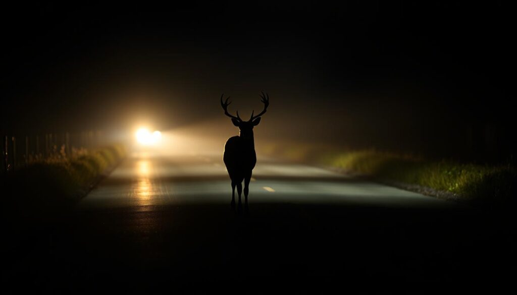 Silhouette eines Wildtiers (Reh) auf einer nächtlichen Straße als Symbol für Wildunfälle Silhouette eines Wildtiers (Reh) auf einer nächtlichen Straße als Symbol für Wildunfälle