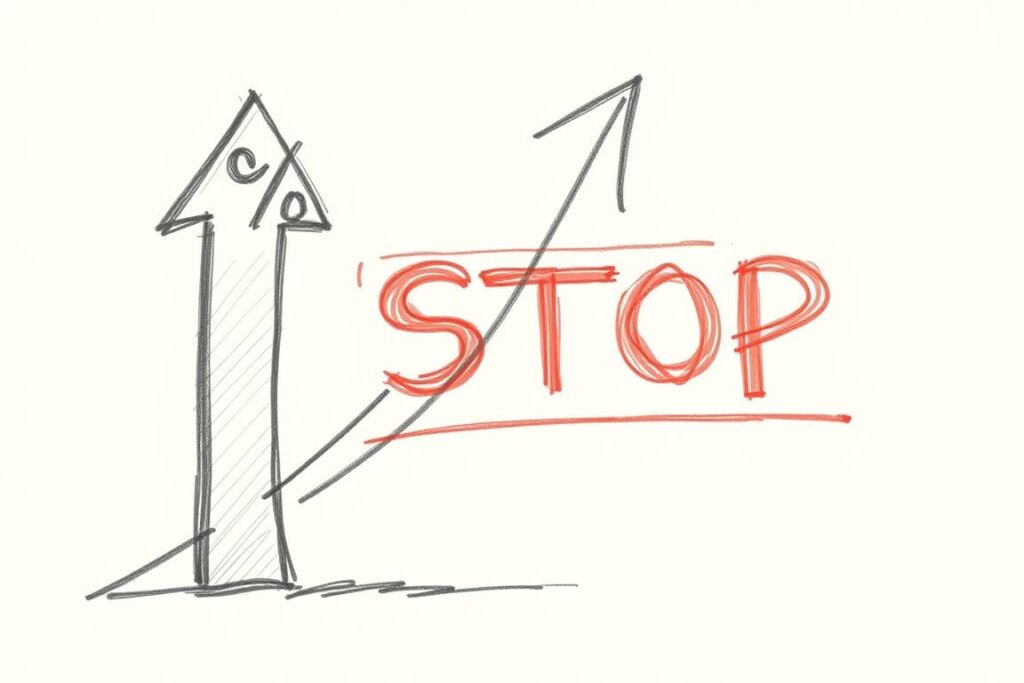 Skizze eines Aufwärtspfeils mit Prozentzeichen und Stopp-Schild Skizze eines Aufwärtspfeils mit Prozentzeichen und Stopp-Schild