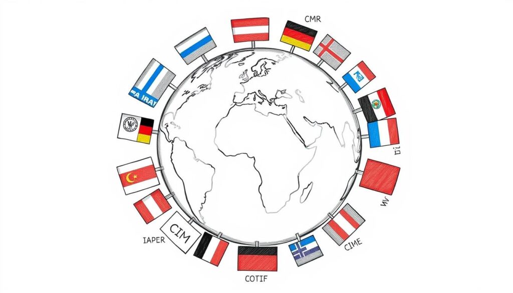 Skizze eines Globus mit Flaggen und Abkürzungen wie CMR, IATA und IMO Skizze eines Globus mit Flaggen und Abkürzungen wie CMR, IATA und IMO