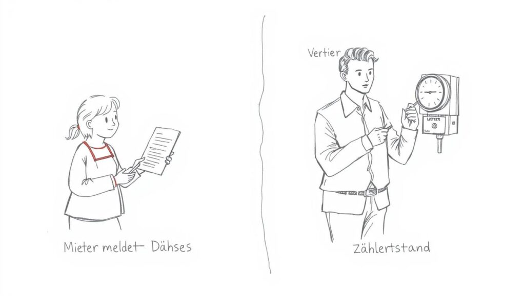 Skizze eines Mieters, der Reparaturen meldet, und eines Vermieters, der einen Zähler prüft Skizze eines Mieters, der Reparaturen meldet, und eines Vermieters, der einen Zähler prüft